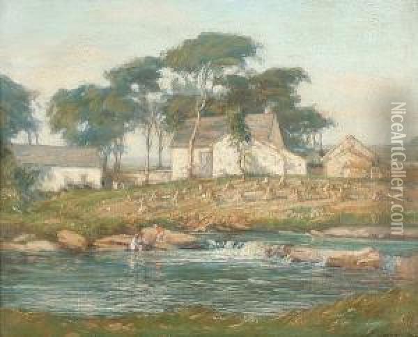 Children Playing On Stepping Stones, Trawsfynydd Oil Painting - Augustus William Enness
