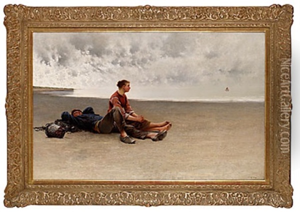 Par Pa Stranden I Bretagne Oil Painting - August Vilhelm Nikolaus Hagborg