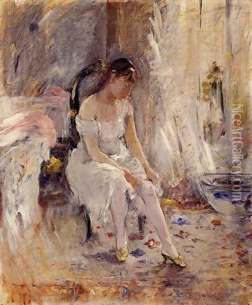 Woman Getting Dressed Aka Young Woman Fastening Her Stockings Oil Painting - Berthe Morisot