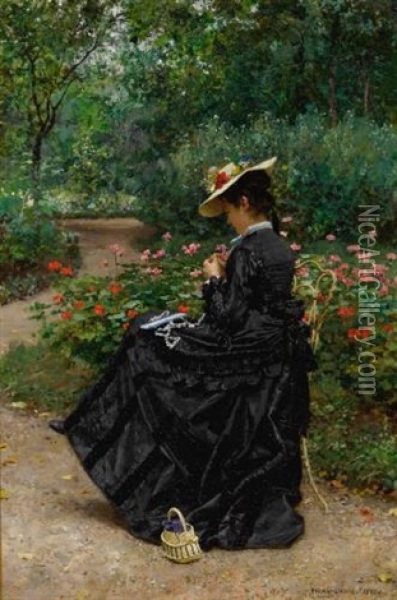 Woman Sewing In A Garden Oil Painting - Marie Francois Firmin-Girard