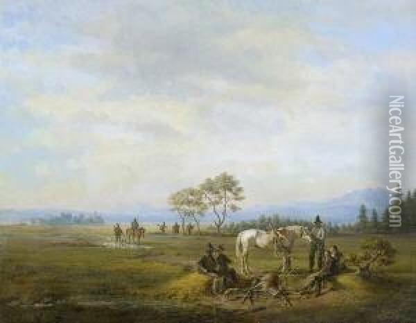 Rastende Jagdgesellschaft Am
 Chiemsee. Oil Painting - Karl Altmann