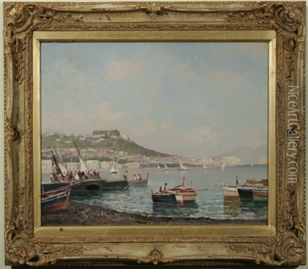Boats In Naples Harbor Oil Painting - Oscar Ricciardi