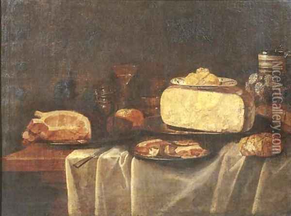 Cheese on a pewter plate and butter on a Wan-Li 'kraak' porselein dish Oil Painting - Jacob Fopsen van Es