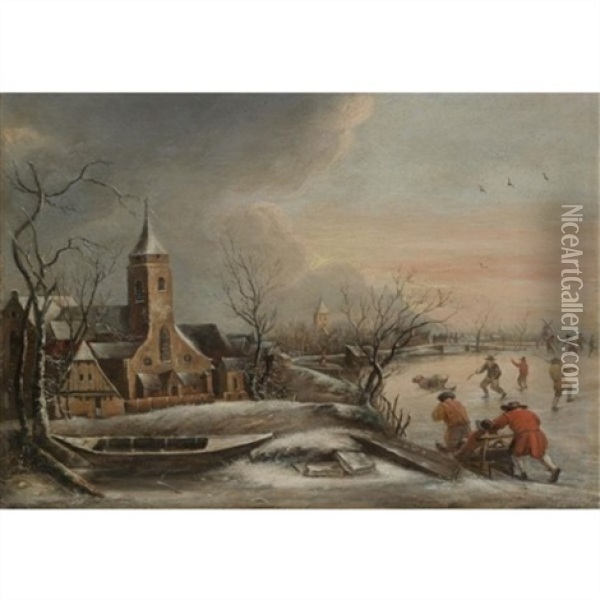 A Winter Scene With Figures Skating A Church In The Distance Oil Painting - Jan van Kessel the Elder