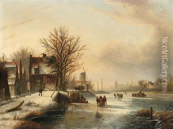 Winter Landscape With Figures Skating On A Frozen River Oil Painting - Jan Jacob Coenraad Spohler