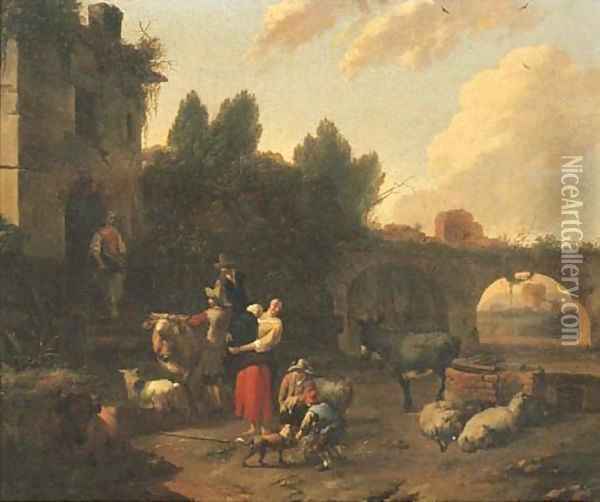 In Italianate landscape with herdsmen and cattle halting by a ruined mansion Oil Painting - Dirk van Bergen
