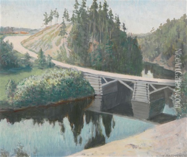 Finnische Flusslandschaft Mit Holzbrucke Oil Painting - Vaeinoe Alfred Blomstedt