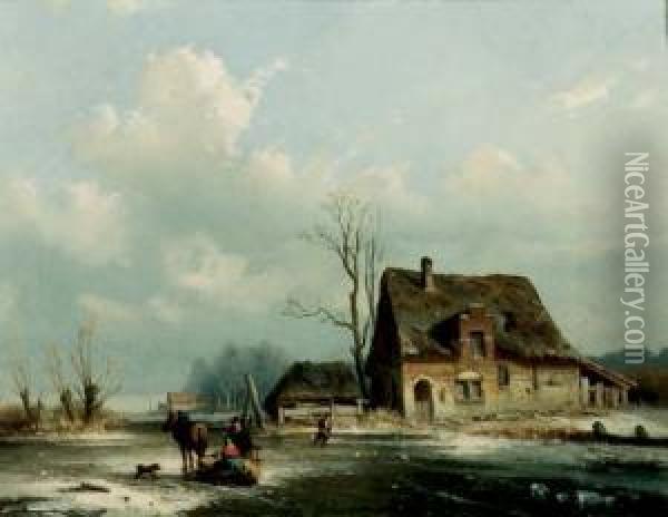 A Horse Drawn Sledge On A Frozen Waterway Oil Painting - Louis Smets