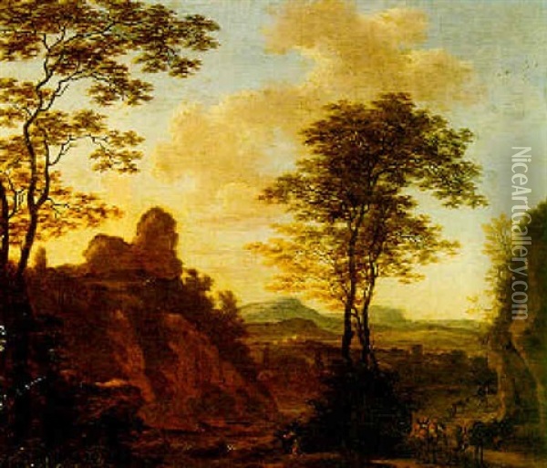 An Italianate Landscape With Travellers On A Country Road Oil Painting - Willem de Heusch