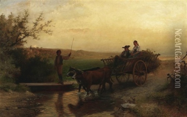 Heimkehr Am Abend. Bauernpaar Mit Erntewagen An Einer Furt Oil Painting - Carl Schlesinger