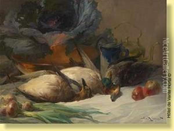 Nature Morte Aux Canards Et Choux Rouge Oil Painting - Privat Livemont
