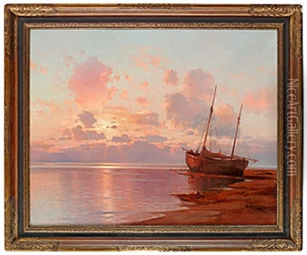Skepp I Solnedgang Oil Painting - Alexei Vasilievitch Hanzen