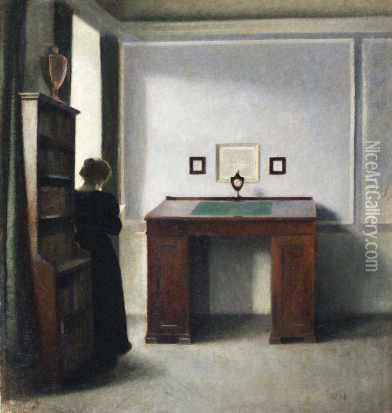 Awriting Table And A Young Woman In An Interior Oil Painting - Vilhelm Hammershoi