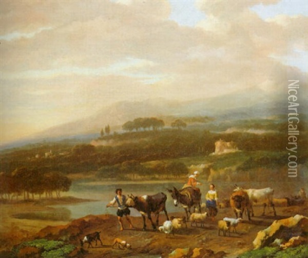 A Cowherd With Cattle On A Road By A Lake Oil Painting - Abraham Jansz. Begeyn