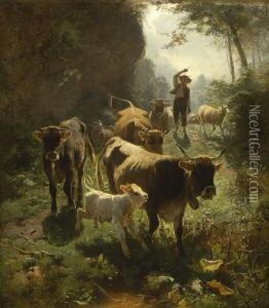 Junger Hirte Mit Rindern Und
 Schafen Auf Dem Waldweg. Oil Painting - Friedrich Otto Gebler