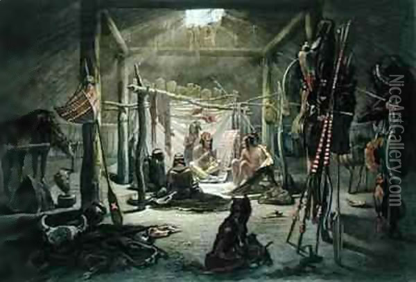 The Interior of the Hut of a Mandan Chief 2 Oil Painting - Karl Bodmer