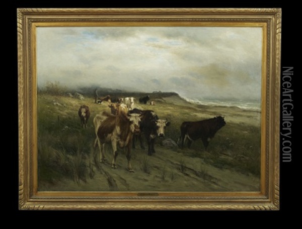 Cattle In A Pasture By The Sea Oil Painting - Carleton Wiggins