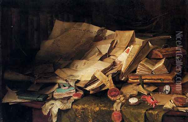 Still Life: Books And Papers On A Desk Oil Painting - Catherine M. Wood