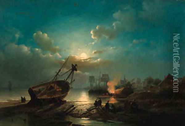 A fire on the shore in moonlight Oil Painting - Henry Adolphe Schaep