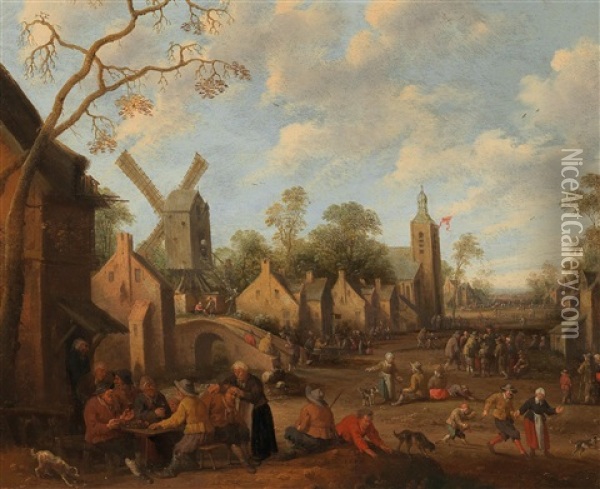 A Busy Village Road With Peasants Outside An Inn Oil Painting - Joost Cornelisz. Droochsloot