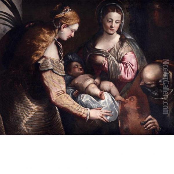 The Holy Family With Saint Barbaraand Saint John Oil Painting - Paolo Veronese (Caliari)