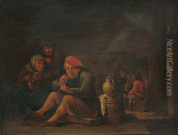 A Tavern Interior With Peasants Smoking And Drinking Oil Painting - David The Younger Teniers