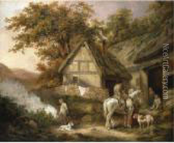A Traveller Resting At A Cottage With A Boy Burning Weeds To The Left Oil Painting - George Morland