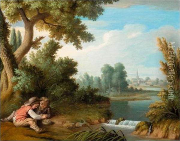 Children By A River Playing With A Bird's Nest Oil Painting - Jean Benard