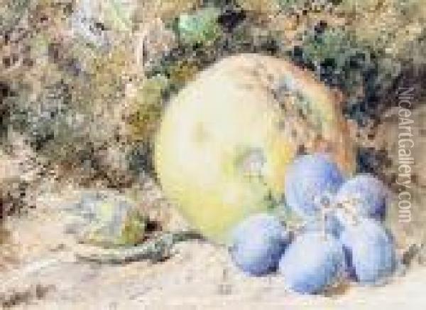 A Still Life Of An Apple And Grapes On A Mossybank Oil Painting - William Henry Hunt
