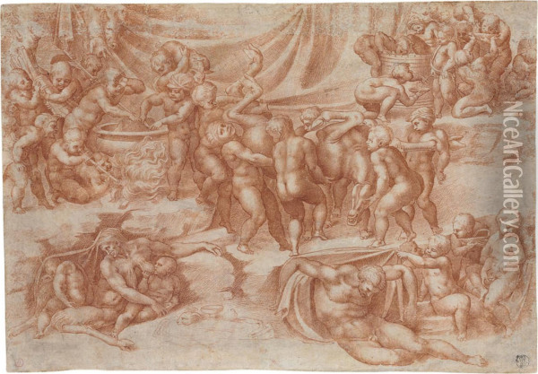 A Bacchanal Of Children, After Michelangelo Oil Painting - Giorgio-Giulio Clovio