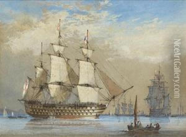 A Large First Rate At Anchor And
 Drying Her Sails, Probably In Plymouth Sound, With Other Ships Of The 
Fleet Beyond Oil Painting - Condy, Nicholas Matthews