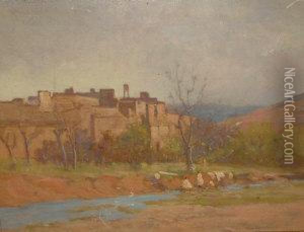 Palace Of The Riad Of The Kaid Of Amsmiz From The River Oil Painting - Tom Robertson