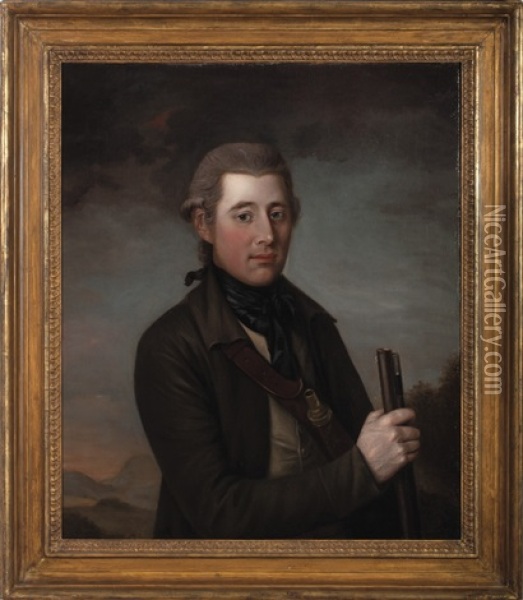 Portrait Of A Huntsman With Musket And Powder Horn Oil Painting - William Hoare