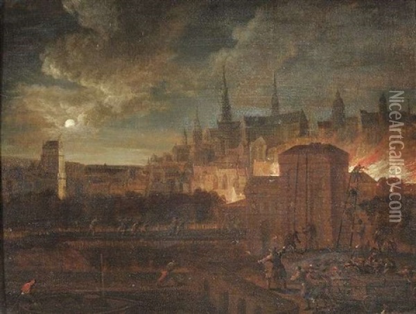 Nachtliche Feuersbrunst Vor Den Toren Einer Stadt Oil Painting - Daniel van Heil