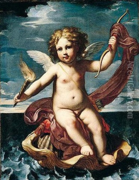 Cupid, Holding A Flaming Torch And Bow, Seated On A Shell Oil Painting - Elisabetta Sirani