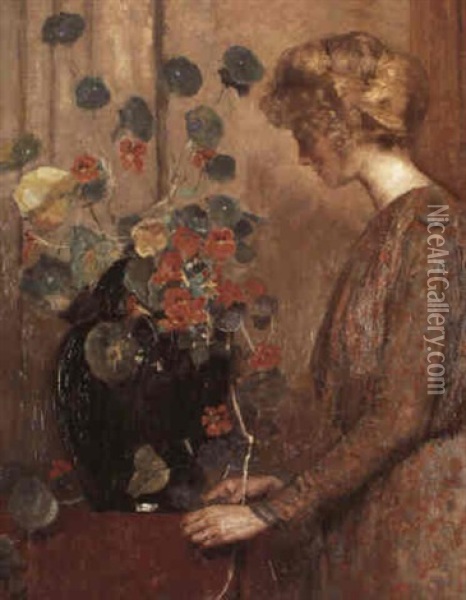 A Woman Arranging Nasturtiums In A Bowl Oil Painting - Frans David Oerder