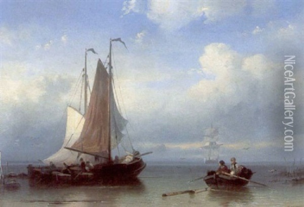 Vessels Moored Near Shore Oil Painting - Johan Adolph Rust