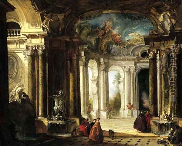 The interior of a baroque palace with elegant company conversing by fountains Oil Painting - Jacques de Lajoue