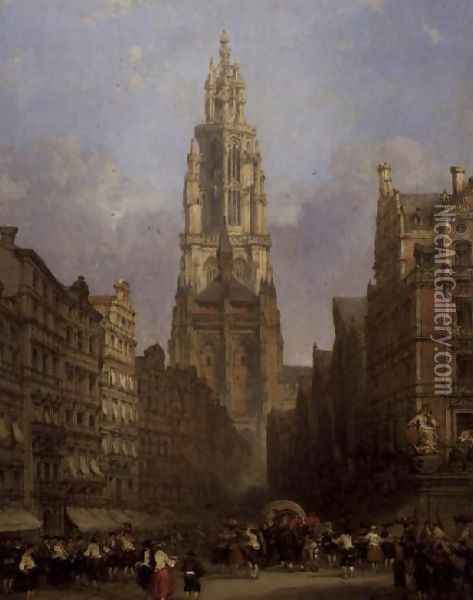 Antwerp Cathedral Oil Painting - David Roberts