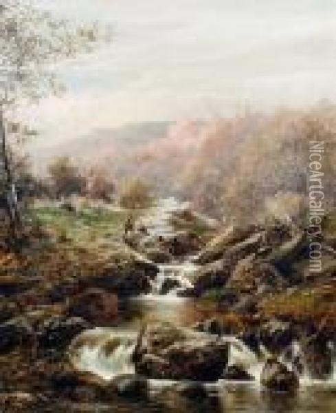 A Sunny Evening, Autumn Near Dolgelly, North Wales Oil Painting - William Henry Mander