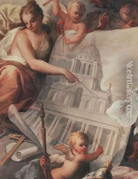 Ceiling of the Painted Hall, detail showing a drawing of the exterior of the Painted Hall, 1707-14 Oil Painting - Sir James Thornhill