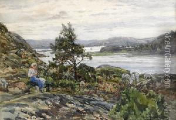Skargardsutsikt Med Flicka Och Far Oil Painting - Anna Gardell-Ericson