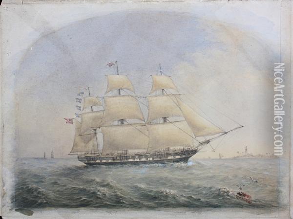 An East Indiaman, In A Stiff Breeze Off Acoast Oil Painting - Mary Bacon Jones