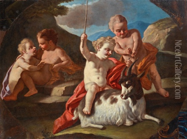 Four Putti Playing With A Goat Oil Painting - Francesco de Mura