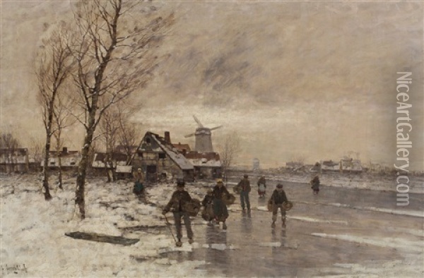 Winter Landscape With Many Figures On The Ice And A Mill In The Background Oil Painting - Johann Jungblut