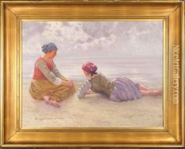 Flickor Pa Strand, Signerad Och Daterad Emil Lindgren La Manche 1901 Oil Painting - Emil Lindgren
