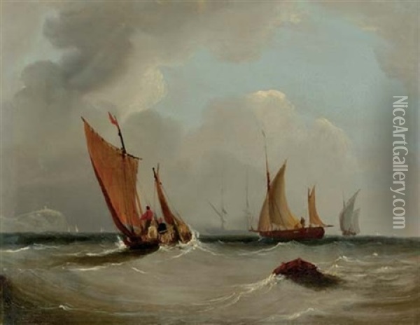Fishing Boats Off A Coast Oil Painting - Frederick Calvert
