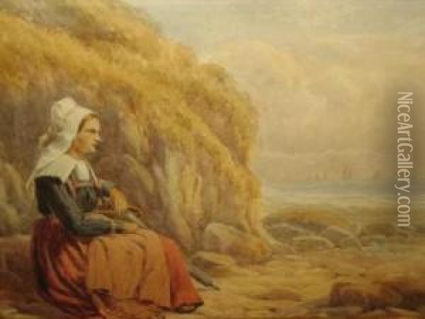 Coastal Scene With Woman Sitting On A Rock Oil Painting - Robert Mann
