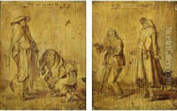 A Beggar Standing On His Toe, A 
Woman Squatting ( 'doet Ons Dat Eens Na' ); A Woman Standing On His Toes
 Together With A Man ( 'hoe Kenmen 't Versinne(n)' ) Oil Painting - Adriaen Pietersz. Van De Venne