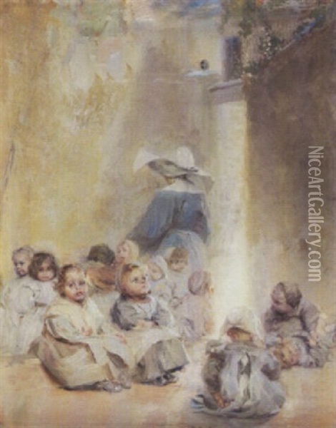 A Group Of Young Children (awaiting Their Lesson) Oil Painting - Jules-Alex Patrouillard Degrave